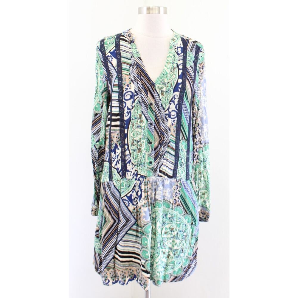 Tiny Anthropologie Caviana Geometric Paisley Shift Shirt Dress Size S Green